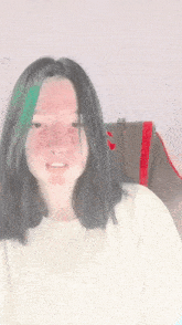 a girl with red spots on her face is wearing a white sweater
