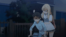 a girl giving a thumbs up while standing next to a boy wearing glasses