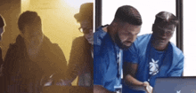 a man in a blue shirt with the letter x on it is looking at a laptop