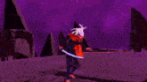a video game character is fighting another character in a purple and red scene .