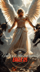 a painting of a man with wings and the words universe community eagle 05 on the bottom