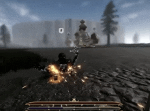 a screenshot of a video game shows a sword being thrown at a monster