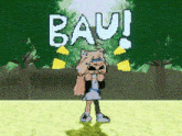 a cartoon drawing of a girl standing in a field with the words " bav ! " in the background