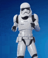 a stormtrooper is standing in front of a blue background .