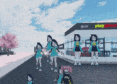 a group of anime girls are standing in front of a mcdonald 's