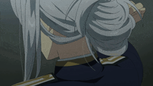 a woman with long white hair is wearing a blue uniform with gold stripes