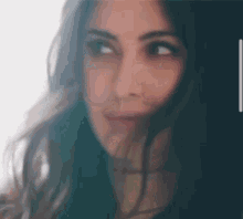 a woman with her hair blowing in the wind looks at the camera