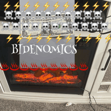 a fireplace with skulls and lightning and the word bidenomics on the bottom