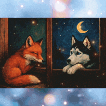 a painting of a fox and a husky looking out of a window at night