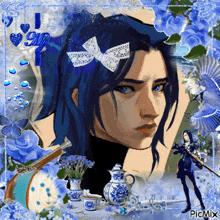 a woman with blue hair is surrounded by blue flowers and a picture of a woman with a bow in her hair