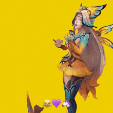 a woman with long hair and wings is standing in front of a yellow background with emojis .