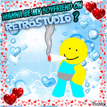 a cartoon character smoking a cigarette with the words " wanna be my boyfriend on retrostudio "