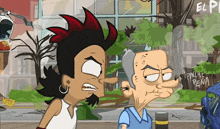 two cartoon characters standing next to each other with el pi written on the side of a building