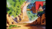 a cartoon drawing of a house sitting on top of a hill next to a dirt road .