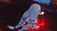 a girl with long blue hair is standing in a dark room with a red light behind her .
