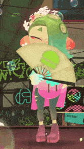 a cartoon character is holding a fan in front of a sign that says ' a ' on it
