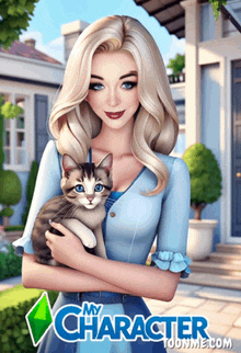 a woman is holding a cat in front of a house with the words my character toonme.com