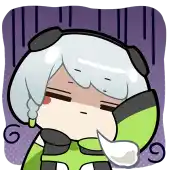 a cartoon drawing of a girl with white hair and a green outfit .