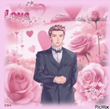 a man in a suit is surrounded by pink roses and hearts and the word love is on the bottom