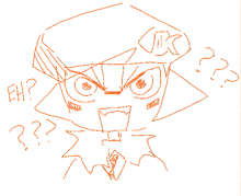 a drawing of a cartoon character with the words eh ? and question marks around it