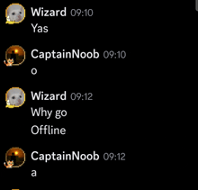 a screenshot of a chat with wizard and captainnoob