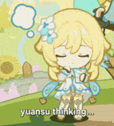 a cartoon of a girl with a thought bubble that says " yuansu thinking ... "