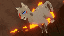 a cartoon cat with a blue eye is standing in a field of fire .