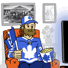 a cartoon of a man wearing a maple leaf sweater holding a popcorn bucket