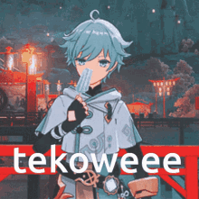 a cartoon character eating an ice cream cone with the word tekoweee on the bottom right