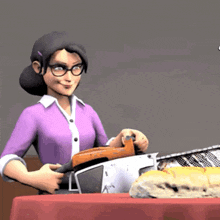 a woman in a purple shirt is holding a chainsaw in her hands