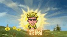 a cartoon of a man with a beard wearing sunglasses and the word gm below him