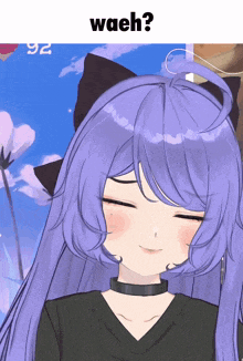 a picture of a girl with purple hair and the words waeh on the bottom