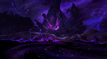 a painting of a purple landscape with a mountain in the distance