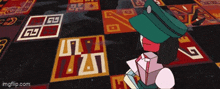 a woman in a green hat is standing in front of a carpet that says imgflip.com on the bottom