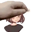 a pixel art of a hand covering a girl 's face with a hat .