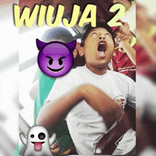 a boy is screaming with a purple devil emoji on his face .