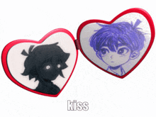 a heart shaped mirror with a picture of a boy and the word kiss