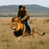 a person riding on the back of a lion in a field