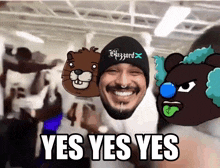 a man wearing a blizzard hat is surrounded by cartoon characters and says " yes yes yes "