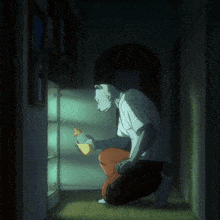 a man with a bear head is looking into a fridge