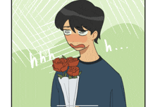 a cartoon drawing of a man holding a bouquet of red roses with the word h on the bottom right