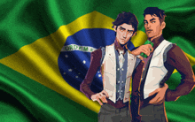 two men standing in front of a brazilian flag with the word ordem on it
