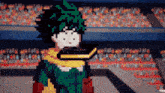 a pixel art of a person with green hair holding a sword