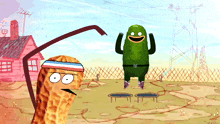 a cartoon drawing of a peanut and a pickle jumping on a trampoline