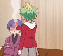 a cartoon of a boy with a strawberry on his forehead and a girl with green hair