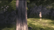 a person standing next to a tree in a field