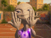 a cartoon character wearing a purple shirt with a number 21 on it