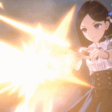 a girl in a white shirt is holding a gun and shooting a beam of light