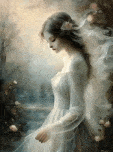 a woman in a white dress with a flower in her hair is standing in front of a body of water .