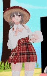 a girl wearing a mushroom hat and a plaid skirt .